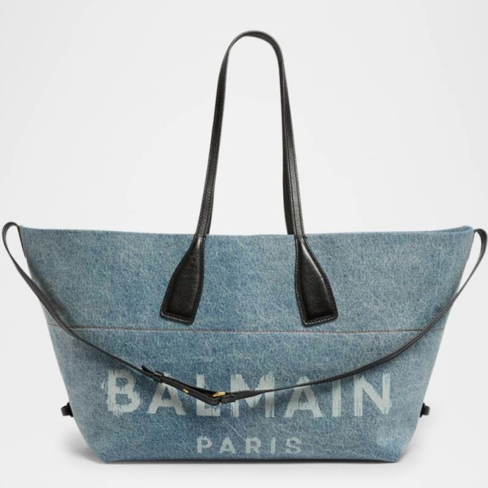 Travel size 👀Balmain Leather-trimmed Denim Tote Back🥳🥳❌❌
